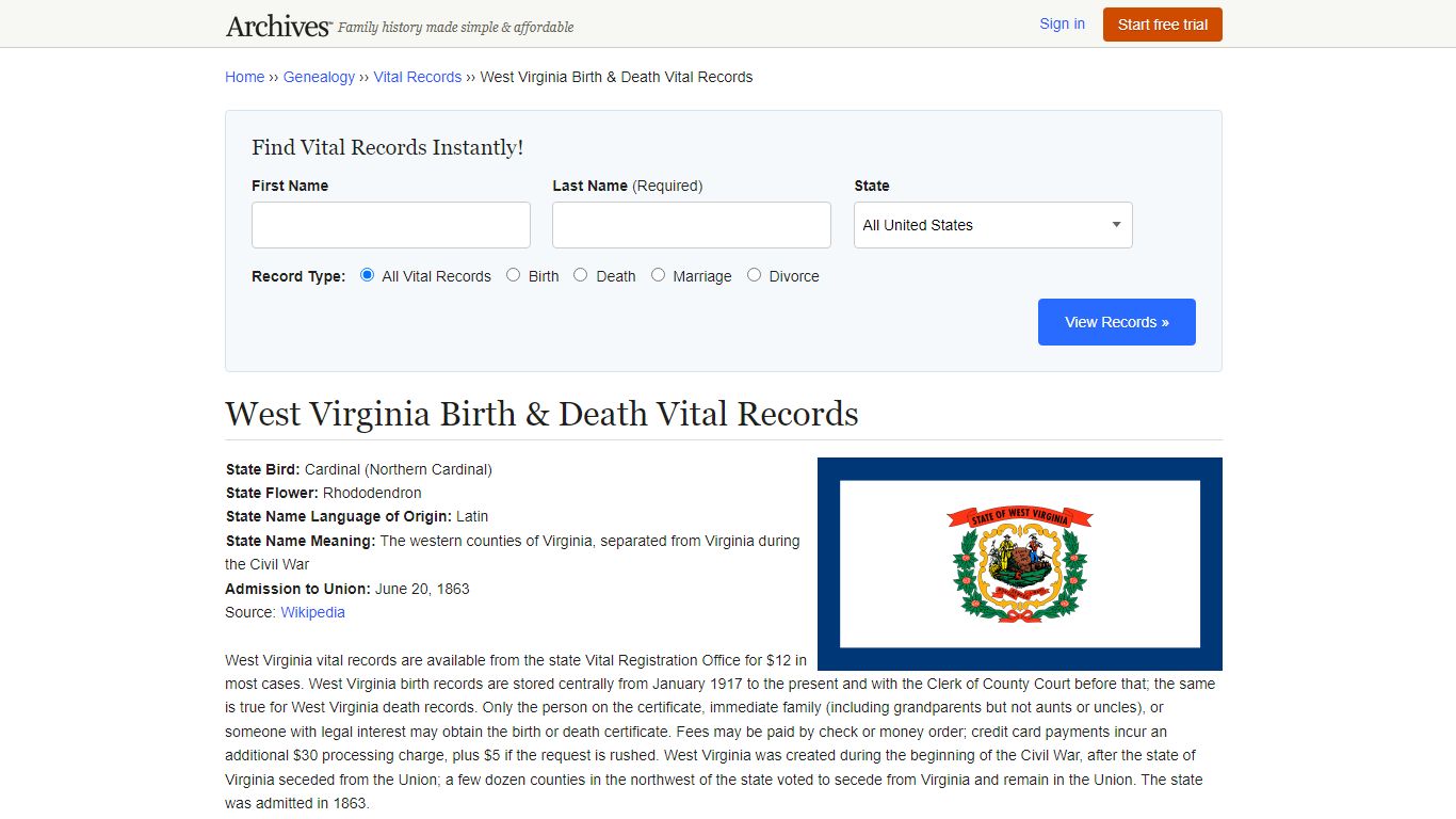 West Virginia Birth & Death Vital Records - Archives.com